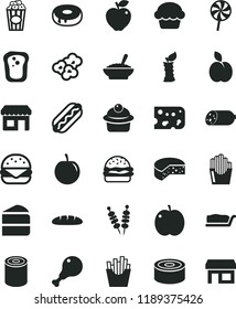 solid black flat icon set sausage vector, piece of cheese, loaf, canned goods, tin, fried vegetables on sticks, Hot Dog, big burger, cake, muffin, slice, with a hole, bowl buckwheat porridge, cup