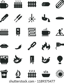 solid black flat icon set electronic thermometer vector e, mercury, heating coil, temperature, radiator, new, boiler, coffee, sausage, loaf, Hot Dog, noodles, pie, porridge, barbecue, chili, a glass