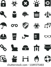 solid black flat icon set mark of injury vector, spectacles, scales, toys over the cot, diaper, powder, Baby chair, winter hat, warm, construction helmet, dust bin, lock, key, umbrella, strongbox