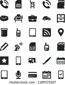 solid black flat icon set tassel vector, desktop microphone, calendar, bank card, rss feed, toy mobile phone, a chair for feeding child, concrete mixer, smartphone, nightstand, call, piece of meat
