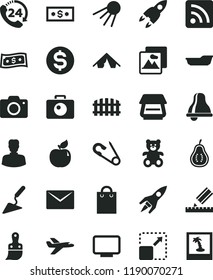 solid black flat icon set bell vector, camera, rss feed, open pin, bath, teddy bear, building trowel, plastic brush, drawing, fence, envelope, picture, 24, artificial satellite, expand, apricot, bag