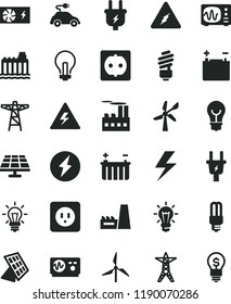 solid black flat icon set lightning vector, danger of electricity, incandescent lamp, saving light bulb, power socket type b, solar panel, windmill, wind energy, accumulator, battery, line, pole