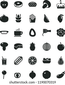solid black flat icon set coffee vector, stick of sausage, cheese, Hot Dog, mini, noodles, mushroom, porcini, torte, cake with a hole, apple pie, lettuce in plate, cabbage, tomato, garlic, mint