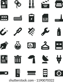 solid black flat icon set repair key vector, bin, movie cracker, feeding bottle, electronic thermometer e, iron fork spoons, hawser, spatula, hanger, charging battery, round flask, manufacture, SIM