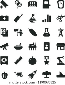 solid black flat icon set add bookmark vector, yardstick, bag of a paramedic, building trolley, hawser, strongbox, bowl rice porridge, cucumber, sandwich, pomegranate, Bell pepper, power line, stall