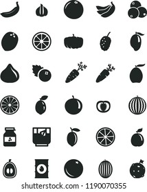solid black flat icon set carrot vector, a glass of tea, jar jam, blueberries, orange, fig, tasty mulberry, melon, water, mango, loquat, tangerine, half, lemon, juicy, banana, bananas, sour lime