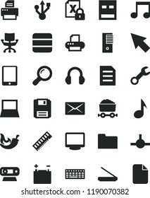 solid black flat icon set chili vector, accumulator, trolley with coal, tablet pc, notebook, encrypting, keyboard, tower, memory, monitor, web camera, usb, printer, scanner, headphones, folder, note