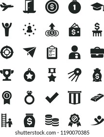 solid black flat icon set check mark vector, survey, square academic hat, portfolio, coins, money, prize, man hands up, with medal, star, first place, pennant, hero, ladder, diamond ring, gold bar