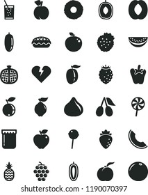 solid black flat icon set broken heart vector, apple pie, peper, Chupa Chups, lollipop, a glass of soda, jam, strawberries, pineapple, peach, ripe, half pomegranate, large grape, quince, red, fig