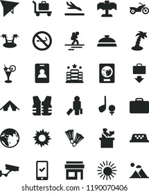 solid black flat icon set earth vector, taxi, hang glider, motorcycle, backpacker, identity card, passenger, suitcase, passort control, passport, phone registration, getting baggage, arrival, tent