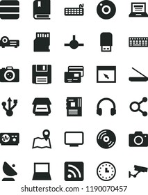 solid black flat icon set camera vector, laptop, rss feed, e, CD, cards, satellite antenna, connections, wall watch, notebook pc, keyboard, motherboard, monitor, usb, scanner, flash, headphones, map