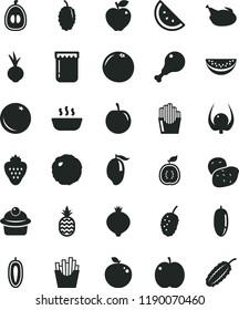 solid black flat icon set muffin vector, hot porridge, chicken, leg, cabbage, beet, French fries, fried potato slices, jam, strawberry, a pineapple, orange slice, apple, red, medlar, mulberry, tasty