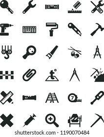 solid black flat icon set paint roller vector, zoom, cross, electronic thermometer e, winch hook, concrete mixer, small tools, cordless drill, hand saw, long meashuring tape, ladder, building, key