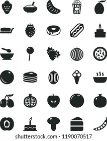 solid black flat icon set deep plate with a spoon vector, cake, pizza, Hot Dog, mushroom, piece of, slice, birthday, hole, bowl rice porridge, Chupa Chups, cup popcorn, cone, strawberry, pancakes