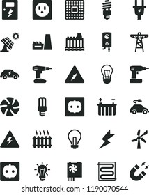 solid black flat icon set danger of electricity vector, incandescent lamp, cordless drill, power socket type f, lightning, dangers, heating coil, boiler, big solar panel, wind energy, battery, bulb