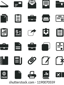 solid black flat icon set briefcase vector, clean paper, scribbled, archive, download data, folder bookmark, received letter, notebook, passport, suitcase, pass card, notes, delete page, clip, copy