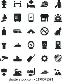 solid black flat icon set bus vector, airport tower, rope barrier, passenger, rolling suitcase, phone registration, case, getting baggage, tent, sun, uv cream, hospital bed, medical room, surfing