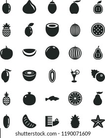 solid black flat icon set small fish vector, blueberries, a pineapple, pomegranate, fig, melon, water, mango, loquat, date fruit, slice of tangerine, passion, sweet, kiwi, half, tamarillo, sour lime