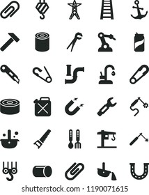solid black flat icon set clip vector, safety pin, open, iron fork spoons, crane, hook, winch, adjustable wrench, hand saw, stepladder, stationery knife, kitchen faucet, hammer, anchor, canned goods