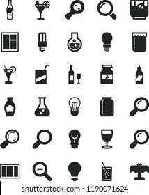 solid black flat icon set matte light bulb vector, zoom out, e, window, frame, magnifier, a glass of soda, tea, cocktail, bottle, jam, jar, liquor, mercury, magnifying, flask, wine, restaurant