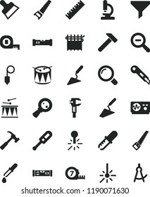 solid black flat icon set yardstick vector, zoom out, electronic thermometer e, drumroll, drum, trowel, building, hand saw, arm, measuring tape, long meashuring, construction level, plummet, hammer