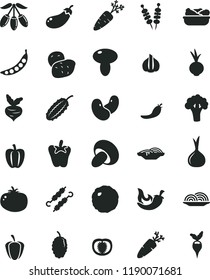 solid black flat icon set fried vegetables on sticks vector, onion, slices of, mushroom, porcini, lettuce in a plate, meat skewers, cabbage, tomato, chili, peper, beet, carrot, mulberry, goji berry