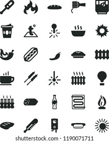 solid black flat icon set electronic thermometer vector e, mercury, heating coil, temperature, radiator, new, boiler, coffee, sausage, loaf, Hot Dog, mini, noodles, pie, porridge, chop, barbecue