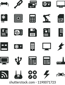 solid black flat icon set lightning vector, floppy disk, monitor, window, calculator, rss feed, electronic thermometer e, screen, cards, math actions, processor, assembly robot, SIM, engineer, tower