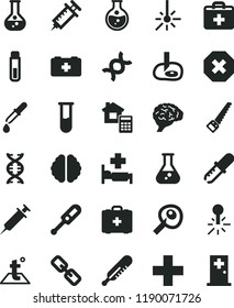 solid black flat icon set mark of injury vector, spectacles, first aid kit, plus, electronic thermometer e, mercury, bag a paramedic, medical, arm saw, estimate, temperature, round flask, outdoor