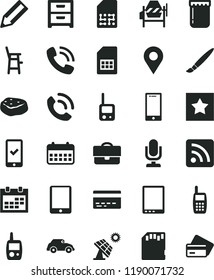 solid black flat icon set tassel vector, desktop microphone, calendar, bank card, rss feed, toy phone, mobile, a chair for feeding child, concrete mixer, smartphone, nightstand, call, piece of meat
