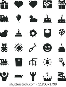 solid black flat icon set heart symbol vector, toys over the cradle, bib, rubber duck, baby duckling, teddy bear, toy train, children's, balloon, cake, birthday, gift, Easter, slice, torte, lollipop