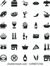 solid black flat icon set plates and spoons vector, plastic fork, iron, coffee, fried vegetables on sticks, piece of pizza, big burger, cake, pie, a bowl rice porridge, in saucepan, lettuce plate