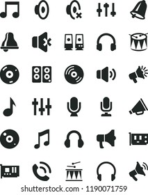 solid black flat icon set bell vector, desktop microphone, horn, loudspeaker, silent mode, drumroll, drum, headphones, music, CD, volume, no sound, phone call, megaphone, pc card, speaker, note