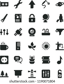 solid black flat icon set upward direction vector, books, arm saw, lock, globe, regulator, lens, cup of tea, mint, leaves, power socket, forest, tower crane, gas welding, lighthouse, water filter