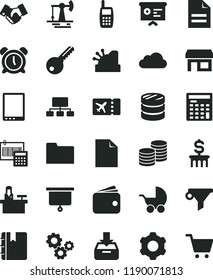 solid black flat icon set alarm clock vector, clean sheet of paper, scribbled, baby stroller, cogwheel, key, calculation, notebook, put in a box, coins, working oil derrick, stall, water filter