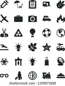 solid black flat icon set glasses vector, nuclear, bulb, biohazard, flame, scientist, clipboard, earth core, satellite antenna, biology, syringe, plane, train, car baggage, camper, air balloon