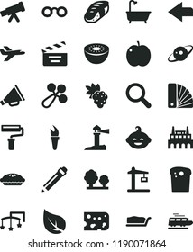 solid black flat icon set paint roller vector, left direction, graphite pencil, magnifier, horn, movie cracker, toys over the cot, baby rattle, funny hairdo, color samples, bath, piece of cheese