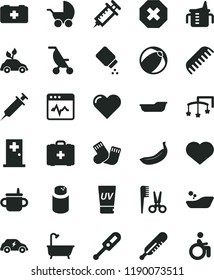 solid black flat icon set heart symbol vector, mark of injury, toys over the cot, mug for feeding, measuring cup, powder, baby, stroller, summer, electronic thermometer e, mercury, bath ball, comb