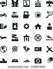 solid black flat icon set earth vector, plane, taxi, motorcycle, identity card, security gate, baggage scanner, ticket, arrival, hotel, boungalow, sun, disco ball, aquapark, cafe, restaurant, camera