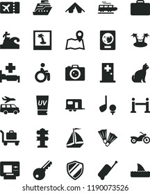 solid black flat icon set train vector, camper, sail boat, motorcycle, rope barrier, suitcase, passport, plane ticket, rolling case, atm, tent, uv cream, hospital bed, medical room, flippers, camera