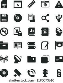 solid black flat icon set warning vector, add bookmark, folder, books, book, address, pass card, notes, phone call, copy, satellite dish, SIM, vintage sign, connections, on statistics, encrypting