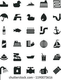 solid black flat icon set measuring cup for feeding vector, rubber duck, baby duckling, bath, shower, sewerage, heating coil, faucet mixer, drop, anchor, umbrella, fish, a glass of soda, can, bottle