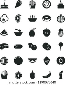solid black flat icon set deep plate with a spoon vector, cake, sausage, cheese, pizza, birthday, hole, hot porridge, grill chicken leg, Chupa Chups, French fries, fried potato slices, egg, biscuit