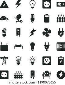 solid black flat icon set lightning vector, incandescent lamp, concrete mixer, saving light bulb, power socket type f, radiator, boiler, electronic, fan screw, charge level, charging battery, pole