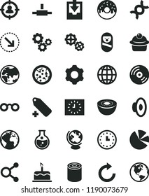 solid black flat icon set sign of the planet vector, clockwise, loudspeaker, add label, download archive data, roly poly doll, gears, cogwheel, CD, earth, cake, right bottom arrow, tin, pizza, kiwi