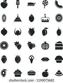 solid black flat icon set birthday cake vector, muffin, piece of, slice, torte, pie, apple, lollipop, popsicle, cone, half pomegranate, grape, branch, apricot, red, raspberry, strawberry, medlar