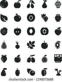 solid black flat icon set beet vector, a glass of tea, blueberries, strawberries, pear, orange, ripe peach, half apricot, grape, large, red apple, tasty, plum, strawberry, cornels, blackberry, mango