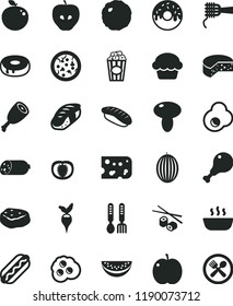 solid black flat icon set iron fork spoons vector, sausage, piece of cheese, pizza, Hot Dog, noodles, mushroom, cake, with a hole, glazed, porridge, chicken leg, thigh, cabbage, meat, sushi, apple