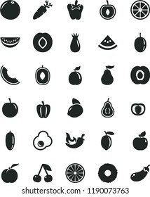 solid black flat icon set chili vector, peper, carrot, fried egg, cherry, ripe peach, half apricot, plum, rose hip, slice of melon, delicious, water, date fruit, tasty, passion, lemon, yellow, juicy
