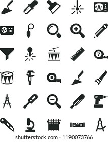 solid black flat icon set graphite pencil vector, yardstick, zoom, out, electronic thermometer e, mercury, drumroll, drum, trowel, building, cordless drill, hand saw, measuring tape, long meashuring